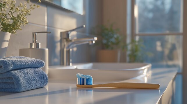 Applying toothpaste on brush in a bright bathroom setting highlights the importance of oral hygiene in daily routines. The process takes place near a sparkling clean sink that emphasizes