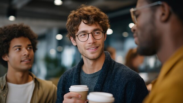 A group of young professionals discusses financial knowledge over coffee in a modern office space, highlighting teamwork and collaboration in achieving financial literacy. cinematic color