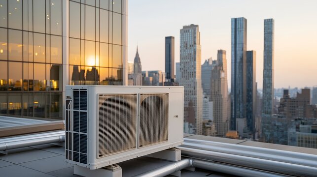 An air conditioning system on a rooftop reveals the complex network of ducts and units, housed above the city hustle, serving as a crucial element in ensuring comfort temperature within commercial