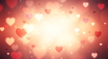 Floating red hearts glowing in golden light background with bokeh effect for love and romance