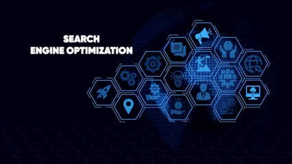 Search engine optimization in blue hexagons on dark background digital