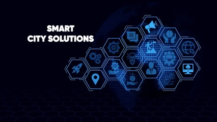 Smart city solutions concept with blue hexagons and