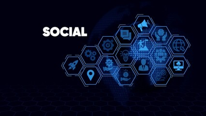 Social media in blue hexagons on dark background