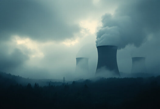 Dark Nuclear Power Plant Cooling Towers Rising Above a Moody Foggy Forest Landscape