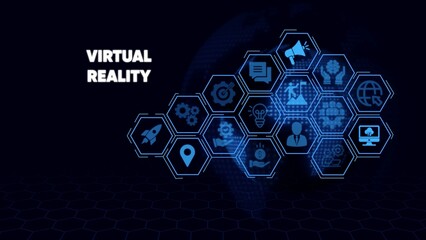 Virtual reality concept with blue hexagons and on dark background