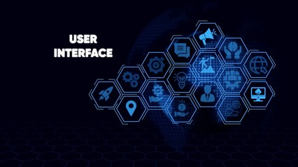 User interface with blue hexagons and on dark background