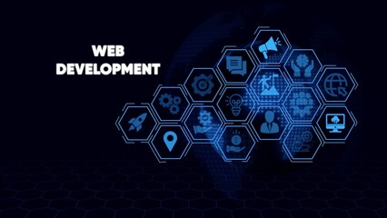Web development concept with blue hexagons and on dark background
