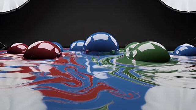 Colorful spheres floating on rippling water surface with reflections, captured from a low angle viewpoint