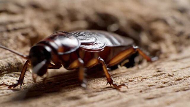 Dynamic Macro Shot - Cockroach Emerges from Wood Crevice, Crawling on Textured Surface.
