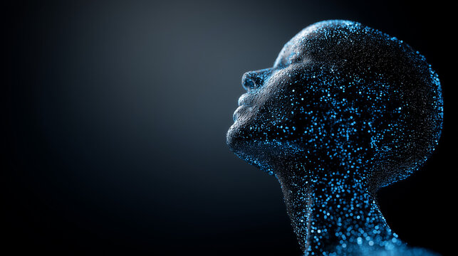 a digital human head composed of blue pixelated shapes, representing artificial intelligence and the future of technology