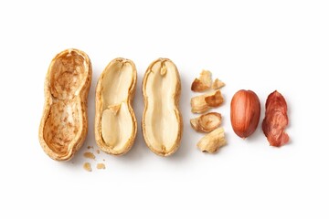 Macro still life peanuts kernel split with shells fragments and skins aligned in neat row high key studio photo
