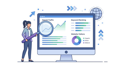 Flat 2D vector illustration of SEO marketing analytics showing website traffic growth charts and ranking analysis