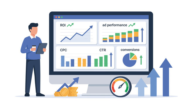 Flat 2D vector illustration of paid advertising analytics showing ROI dashboard budget metrics and campaign charts