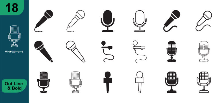 Microphone flat and line icon set silhouette vector, bold outline EPS for audio media design.