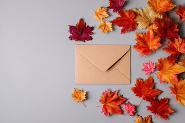 Obraz premium Autumn Enchantment: Rustic Envelope and Colorful Leaves