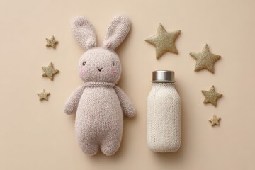 Fototapeta premium Knitted Bunny and Bottle with Stars