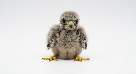 柔らかい光に包まれ白い背景に立つふわふわの産毛が愛らしい猛禽類のひな鳥が純粋な瞳でカメラを見つめる. AI Generated