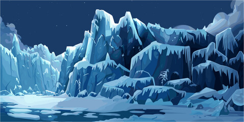 Panoramic digital illustration of a frozen arctic landscape at night. Towering blue glaciers and sharp ice mountains rise from a cold dark sea filled with floating ice floes. The sky is deep blue © laurence