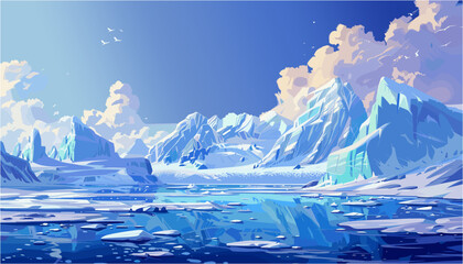Digital painting of a majestic Arctic landscape. The scene features massive jagged icebergs and snow-covered mountains rising from a calm, freezing blue ocean. Fluffy clouds float in a bright sky © laurence
