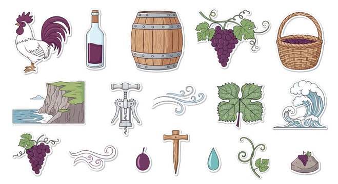 Vibrant collection of hand-drawn stickers representing viticulture and winemaking, featuring a rooster, barrel, grapes, corkscrew, and coastal elements.