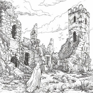 Black and white line art illustration of a ruined medieval hamlet or castle. The scene features crumbling stone towers, broken walls, and rubble