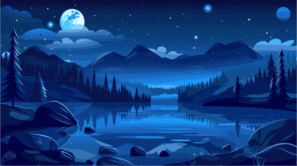 A serene night landscape in monochromatic blue tones. a bright full moon shines through clouds in a starry sky, illuminating a calm lake that reflects the mountains and pine forest silhouettes © laurence
