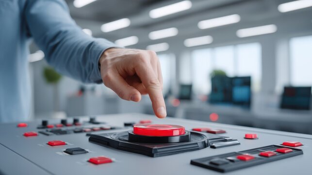POV of a hand pressing a large red button to initiate action.