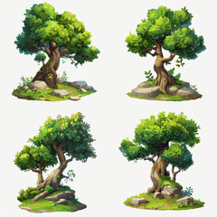 Set of four stylized cartoon tree illustrations isolated on a white background. Fantasy forest nature assets featuring old twisted trunks, lush green foliage, and mossy rocks © laurence
