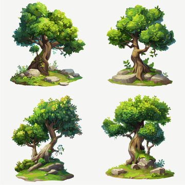 Set of four stylized cartoon tree illustrations isolated on a white background. Fantasy forest nature assets featuring old twisted trunks, lush green foliage, and mossy rocks