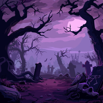 a haunted graveyard landscape at night. Eerie purple and violet background featuring twisted dead trees, broken tombstones, skulls on the ground, and a full moon in the cloudy sky
