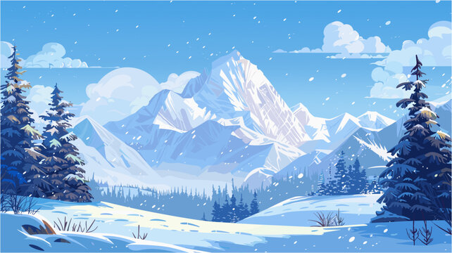 a majestic snowy mountain landscape. Winter scenery featuring snow-covered pine trees, falling snowflakes, and a large peak under a blue sky with clouds. Flat design nature background