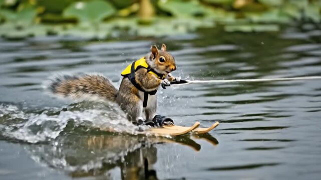 Squirrel Water Skiing on Miniature Board Lake Surface
