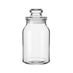 Clear glass jar with lid for storage and organization, isolated on white background