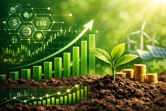 Sustainable Financial Growth Concept with Seedlings and Upward Business Chart in Green Economy