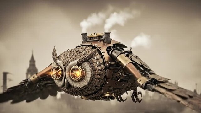 Steampunk owl with mechanical gears flying in smog