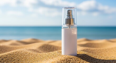 White spray bottle on sandy beach with blue ocean background