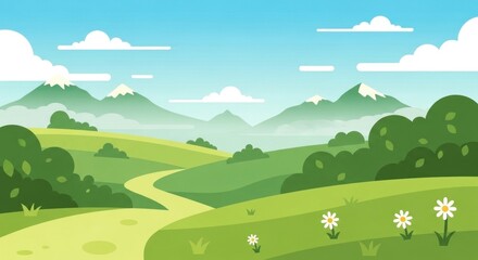 Fototapeta premium Winding path through green hills with distant mountains and blue sky