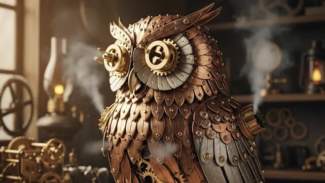 Steampunk owl with mechanical gears in Victorian workshop