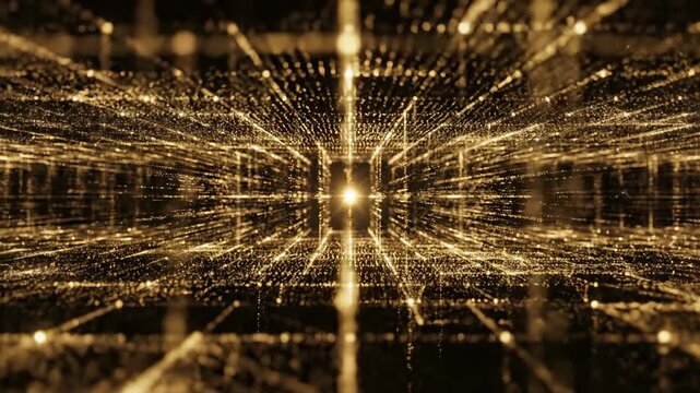 Intricate digital data particle grid structure expanding and contracting in shimmering gold dust against a pure dark void abstract background, system, black