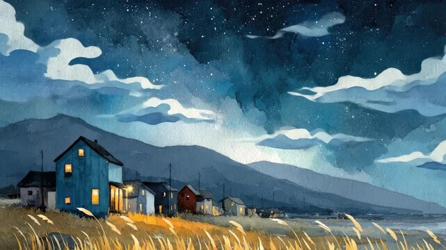 Vibrant watercolor night scene, coastal village houses warmly glowing, lively existence under starry sky, peaceful mountains, dynamic artistic vision, tranquil atmosphere