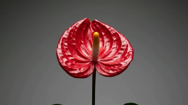 A vibrant red anthurium flower stands alone on a dark gray background from a front viewpoint