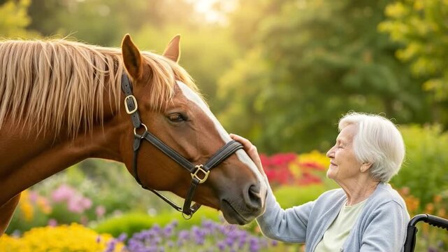 Therapy horse nuzzling senior citizen in wheelchair
