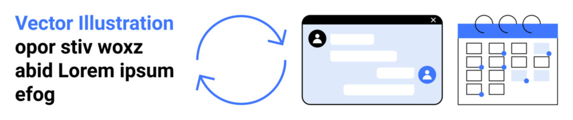 Fototapeta premium Calendar management, workflow planning, scheduling, task organization, digital profiles, productivity. Circular arrows, user interface calendar diagram. Calendar management and workflow planning