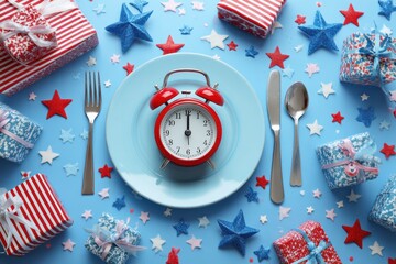 Obraz premium Festive Holiday Table Setting with Gifts and Alarm Clock