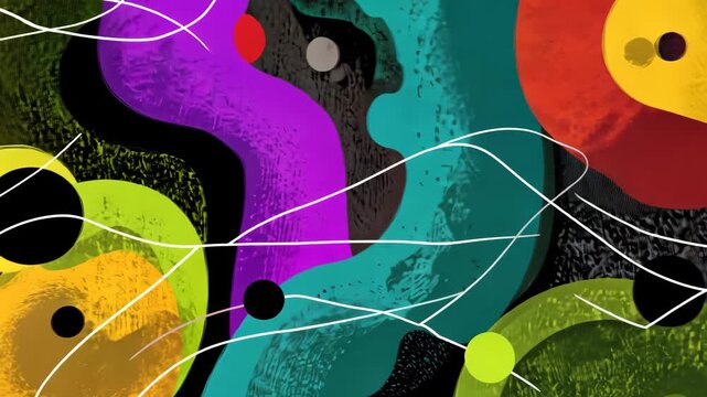 An abstract composition featuring overlapping organic shapes and curving white lines. Bold colors