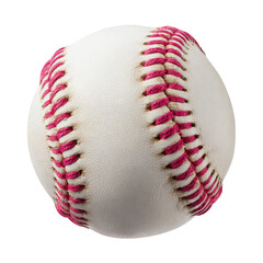 A pink stitched baseball on a black background