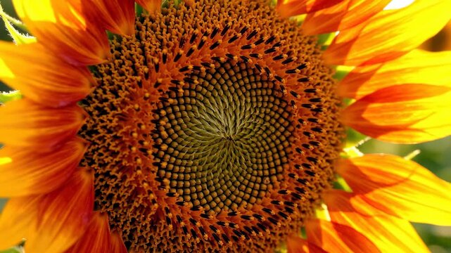 Intricate macro view of vibrant yellow and deep reddish orange sunflower petals radiating outwards from the detailed seed core structure detailed seed core structure, garden, design element
