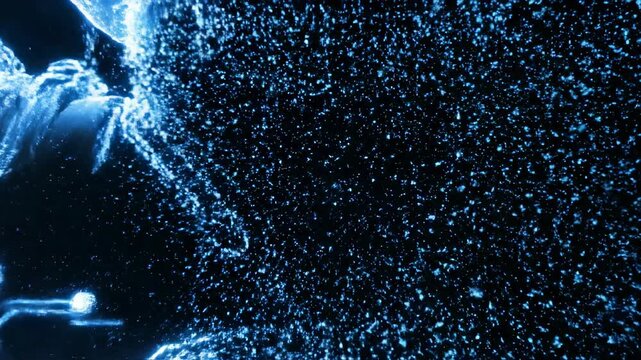 Intricate mechanical blueprint diagram forming and dissolving in vibrant glowing blue light against a deep dark background innovation, background, wireframe