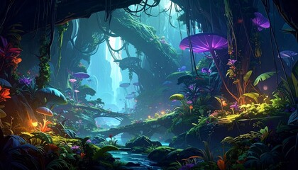 Lush fantastical forest scene, glowing mushrooms, vibrant flora, bridges, and a river