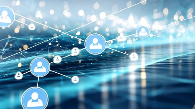 A person's profile icon floats on a futuristic blue network background with glowing nodes.